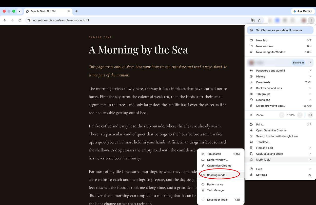 Chrome More Tools submenu with Reading mode circled in red