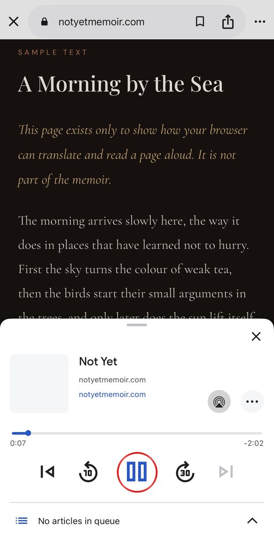 Chrome Read aloud player on iPhone, play button circled in red