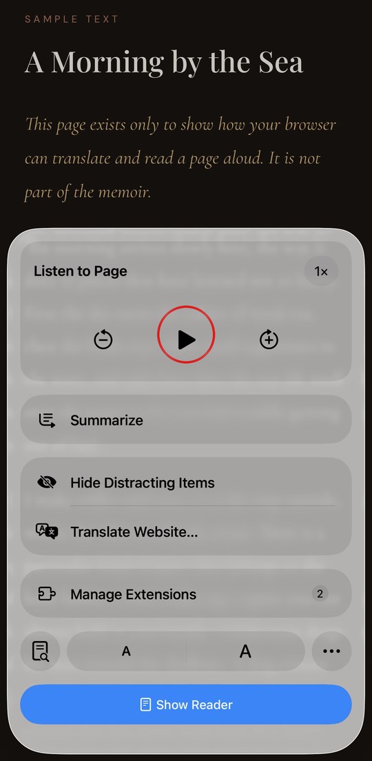 Safari Listen to Page player on iPhone, play button circled in red