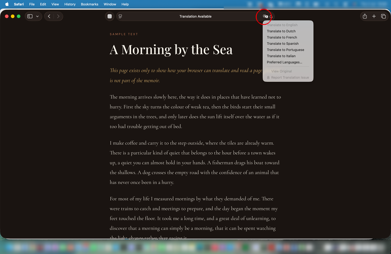 Safari translation icon in the address bar, circled in red